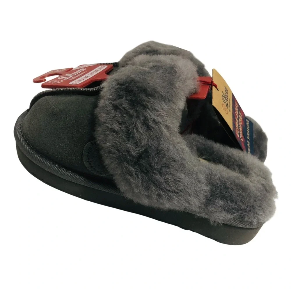 NWT Dearfoams Suede Shearling Slippers Slides Indoor Outdoor Furry Gray Kids 13